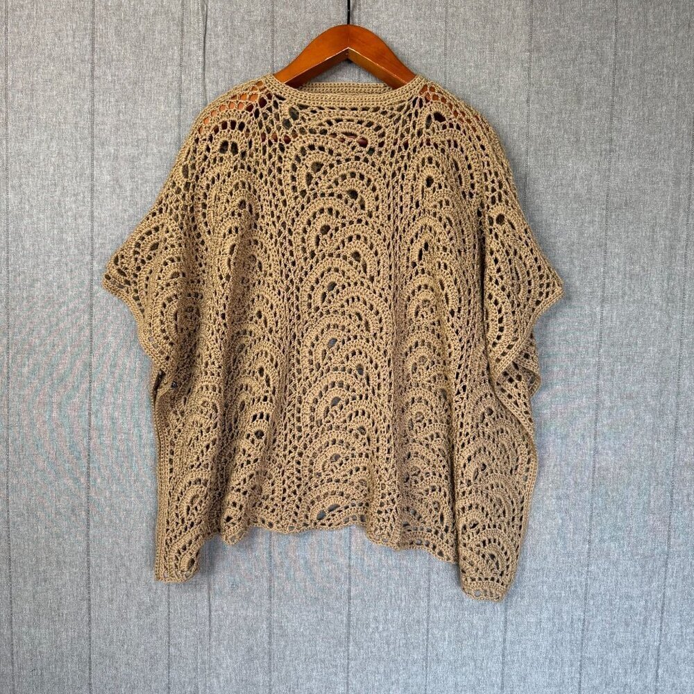 Tan Camel Crochet High Collar Pull Over Side Snap Closure Coastal Boho Poncho - Picture 11 of 12